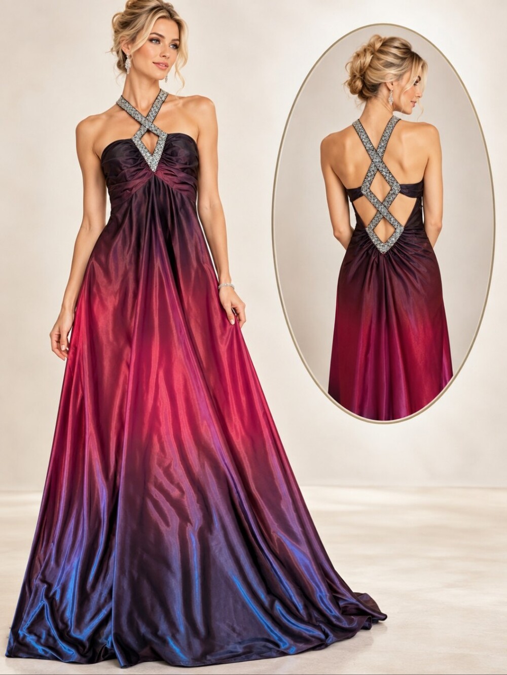 Y2k red/ Wine Ombre Evening Gown Crystal Beaded Sequin Halter Criss Cross Back 8